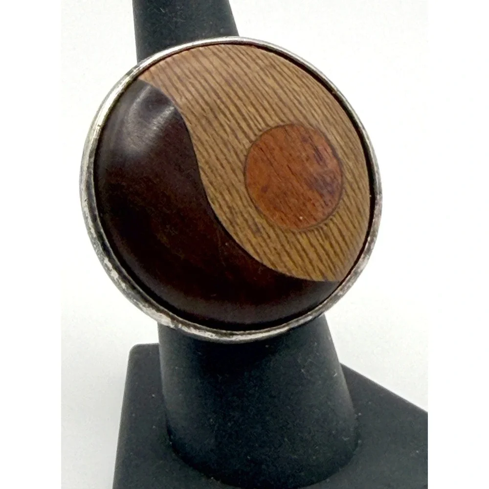 Nature Bijoux France Wood Resin Yin Yang Ring Adjustable 6.5–7 Signed
